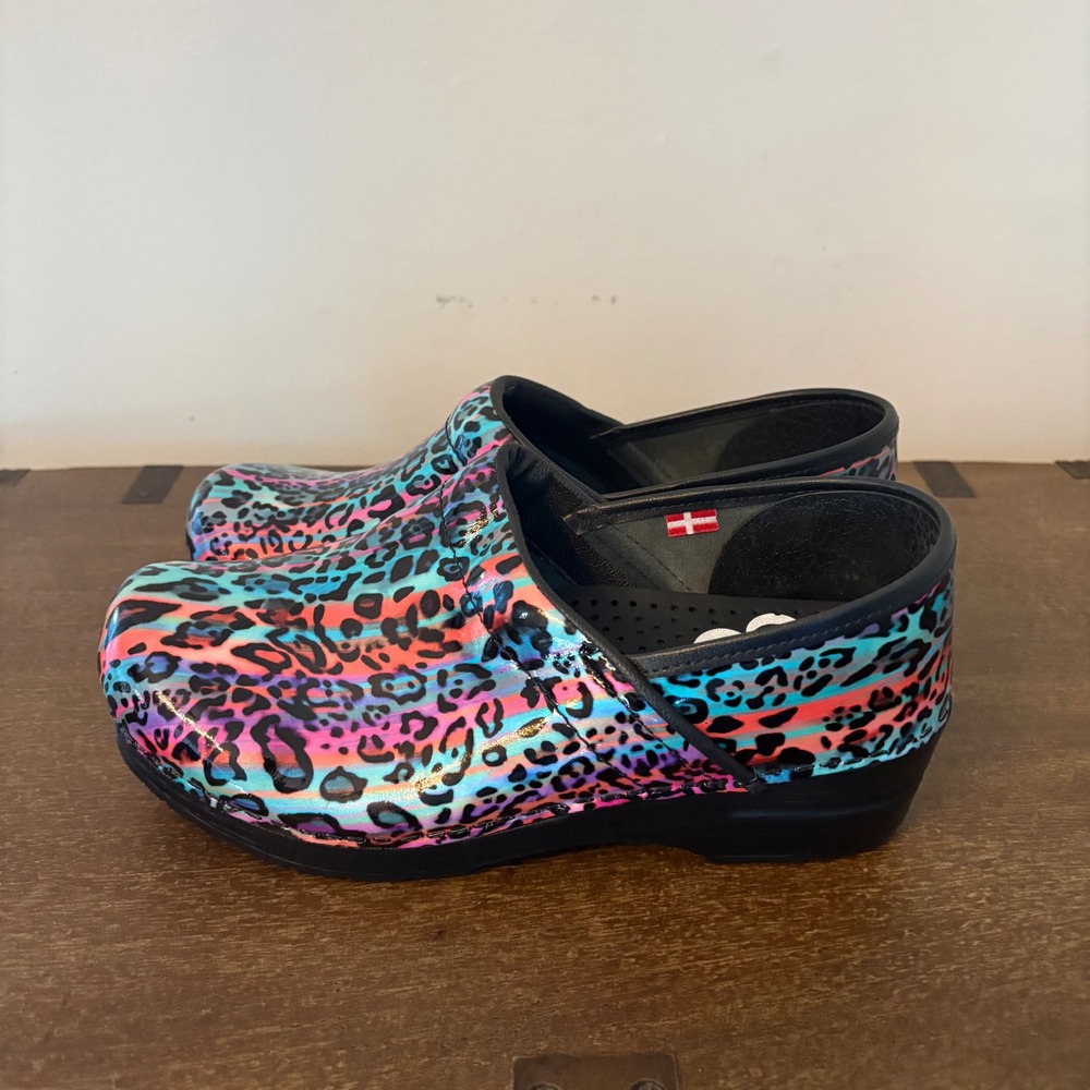 Sanita Professional Clogs Multicolored Neon Leopard Patent Leather Size 38